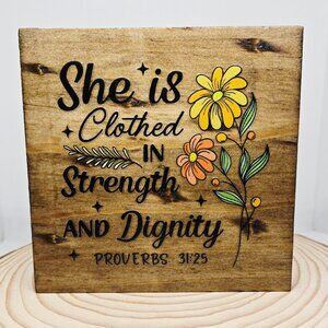 Handcrafted Home Decor Proverbs 31:25 Bible Verse Mini Wood Sign Shelf Sitter